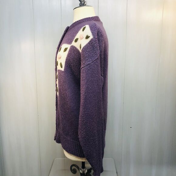 Vtg Yessica Purple Wool Angora Acrylic Blend Flowers Cardigan Med Grammacore - Picture 4 of 12